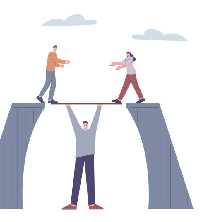 un personnage aide deux autres à traverser le pont